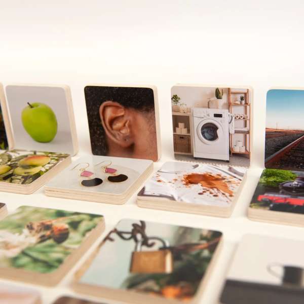 Træbrikker med farverige billeder – Andreu Toys pædagogisk billedmatch.

