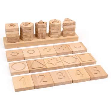 Andreu Toys sensoriske geometriformer – taktilt stablespil i træ til børn.

