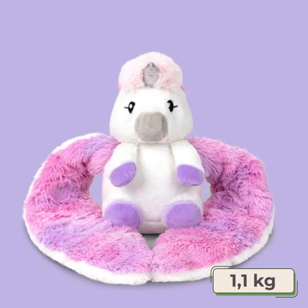  Hvid og pink baby‑enhjørning Echo Hugaround med glitrende sølvhorn og bløde vinger, fremstillet som tyngdebamse.