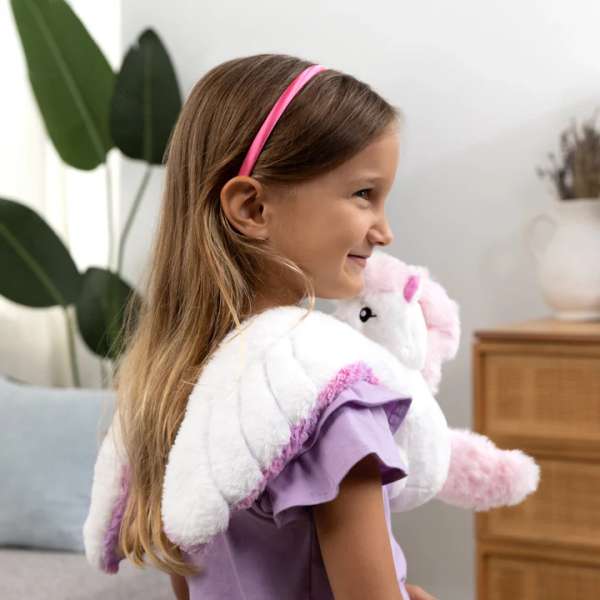 Enhjørning Hugaround over skuldre – sansestimulerende krammebamse

