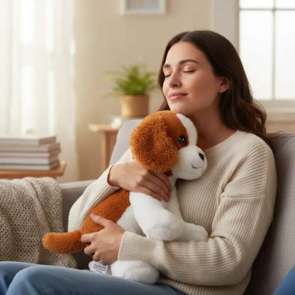 Kvinde krammer Odie Chillaxpal hund – beroligende bamse til stress og uro

