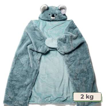 Koala hoodie-tyngdetæppe vist foldet, med grå blød overflade og hætte, klar til tryghed og kram