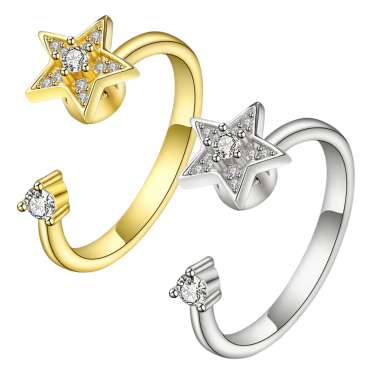 Fidgetring med stjerne og rhinsten i guld og sølv – diskret ring til ro, fokus og sansestimulering


