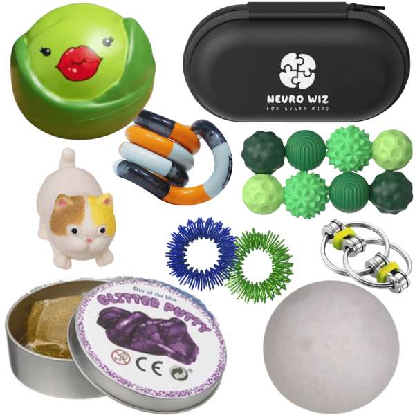 Pilfingerkasse til store pilfingre – sæt med fidget toys og sanselegetøj til større børn og voksne.