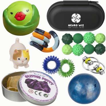 Pilfingerkasse til store pilfingre – sæt med fidget toys og sanselegetøj til større børn og voksne.