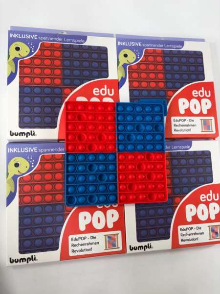 Edu-Pop stor pop-it fidget i rød og blå farvevariant – robust pop-it legetøj til sansestimulering, fokus, motorisk træning og aktiviteter i hjem, skole og institution.

