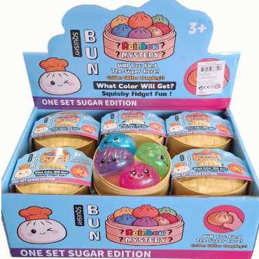 Squishy Sugar Glitter Dumplings 4 stk. i kurv med glimmer og søde kawaii ansigter – bløde slow rise squishies til sansestimulering, stressreduktion, koncentration og uro i hænderne.

