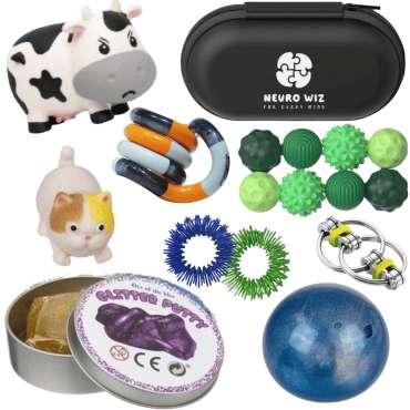 Pilfingerkasse til store pilfingre – sæt med fidget toys og sanselegetøj til større børn og voksne.