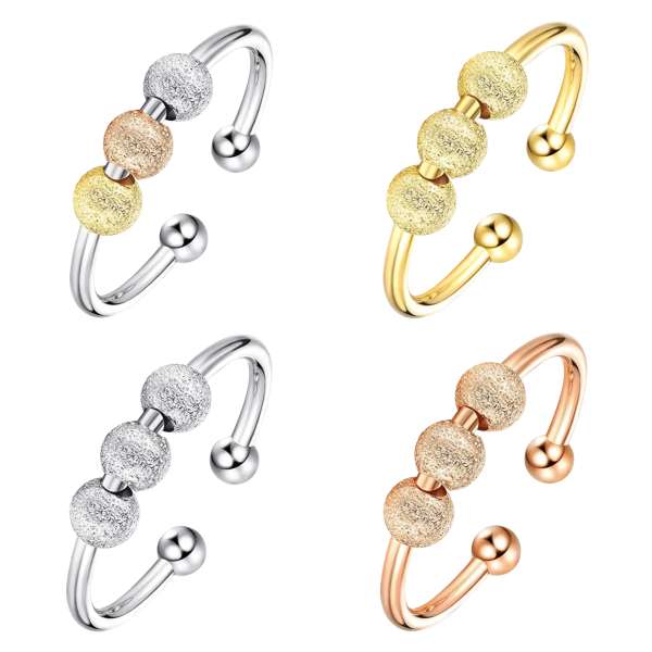 Juniper fidgetring med tre bevægelige perler i sølv-, guld-, rosaguld- og flerfarvet design – justerbar fidgetring til diskret fidgeting, koncentration og sensorisk stimulering.

