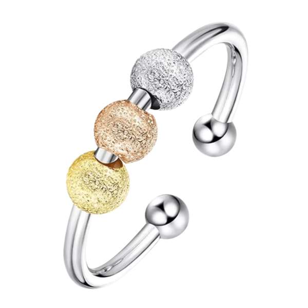 Juniper fidgetring med sølv-, guld- og rosaguldfarvede perler – justerbar fidgetsmykke til sensorisk stimulering, ro og koncentration.

