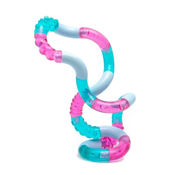 Pink Blue Frost Fort Tangle® Jr. Textured foldet ud, så de fleksible led og taktile strukturer ses.