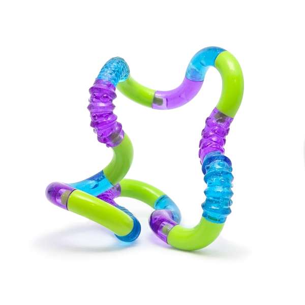 Green Purple Parrot Tangle® Jr. Textured fidget med bevægelige led og varierede taktile strukturer.