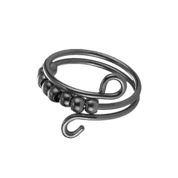 Sort fidgetring med dobbelt spiral og 10 perler – diskret fidgetsmykke til uro i hænderne, koncentration og ro.