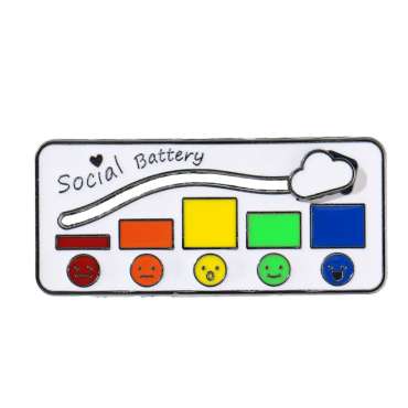 My Social Battery Pin med 5-trins smileyskala og justerbar skyder – visuelt hjælpemiddel til at vise social energi, trivsel og behov for pauser i skole, institution og hjem.

