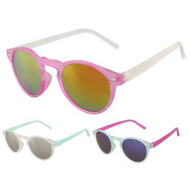 Børnesolbriller med matteret stel model 4050 i hvid, pink og mint – lette solbriller til børn med UV-beskyttelse og afskærmning mod skarpt sollys.

