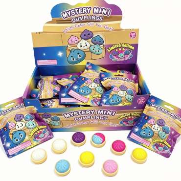 Mini Sticky Squishy Dumplings mystery bags med 4 squishies i hver pose – små kawaii squishies til sansestimulering, stressreduktion, koncentration og uro i hænderne.

