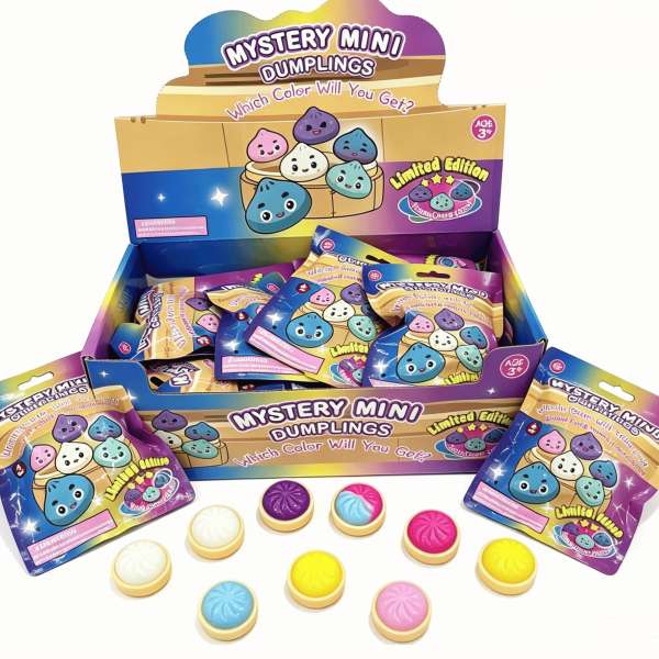 Mini Sticky Squishy Dumplings mystery bags med 4 squishies i hver pose – små kawaii squishies til sansestimulering, stressreduktion, koncentration og uro i hænderne.

