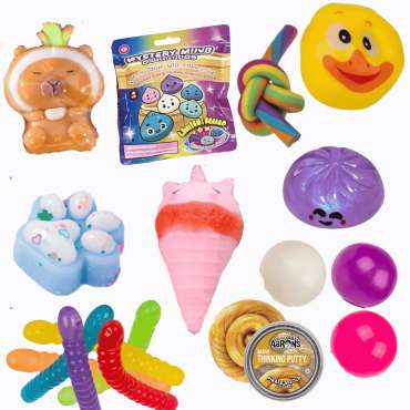 Sticky & Stretchy fidgetpakke med squishies, stretchy fidgets, klæbrige figurer og sanselegetøj – varieret fidgetpakke til sansestimulering, koncentration, stressreduktion og uro i hænderne.

