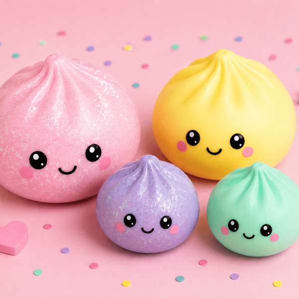 Dumpling startpakke med fire kawaii squishy dumplings i forskellige størrelser og farver – bløde squishy fidgets til sansestimulering, koncentration, stressreduktion og uro i hænderne.

