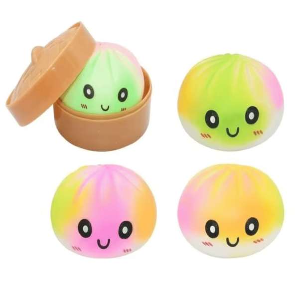 Squishy dumpling kawaii i pastel regnbue tie-dye med søde ansigter – blød slow rise squishy til sansestimulering, stressreduktion, koncentration og uro i hænderne.

