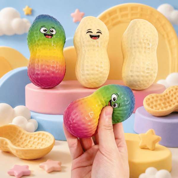 Squishy Peanut slow-rise fidget i forskellige farver – blød jordnød-squishy til taktil stimulering, afslapning og sanselig leg.