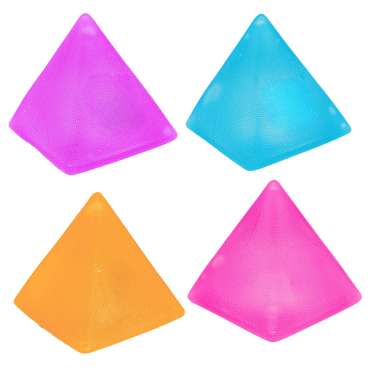 Squishy maltose pyramider i lilla, pink, orange og blå – bløde klemmefidgets med maltosefyld til sansestimulering, koncentration og uro i hænderne.

