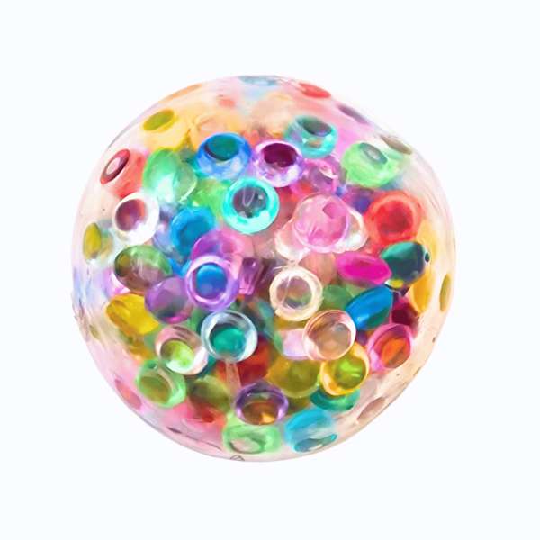 Konfetti sensorisk klemmebold med farverige små perler i transparent bold – taktil fidget til sansestimulering, koncentration og uro i hænderne.

