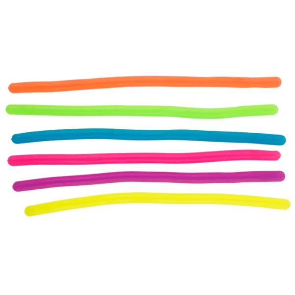 Glow in the dark stretchy noodle i forskellige neonfarver – elastisk fidget, der kan strækkes og lyser i mørket, til sansestimulering, koncentration og uro i hænderne.

