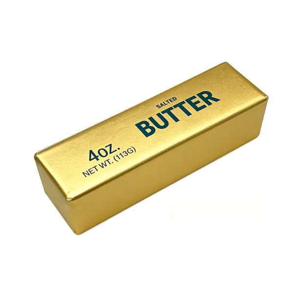 Squishy guld smørstang med metallisk guldfarvet design og slow rise effekt – blød squishy fidget til sansestimulering, koncentration og uro i hænderne.

