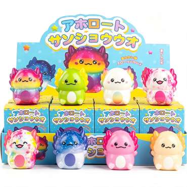 Axolotl mini slow-rise squishy i forskellige søde kawaii designs og farver – små bløde squishy fidgets til sansestimulering, koncentration og uro i hænderne.

