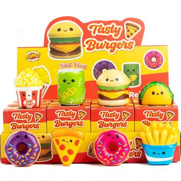 Kawaii mad mini slow-rise squishy i forskellige søde designs som burger, pommes frites, donut og drikkevarer – små bløde squishy fidgets til sansestimulering, koncentration og uro i hænderne.

