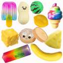 Squishy madpakke med populære squishies formet som ispind, ost, smør, dumpling, citron, peanut, vandmelon, banan og softice – samlet fidgetpakke til sansestimulering