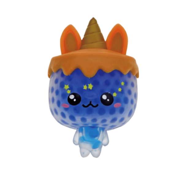 Squishy Sweets Enhjørning-kage med blå is og sødt kawaii ansigt – blød slow-rise squishy til sansestimulering, afslapning og sensorisk leg.

