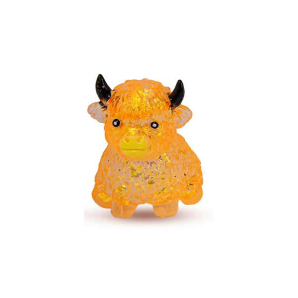 Orange Højlandsko glitter sugar squishy med sorte horn og glitrende fyld – blød klemmefidget til taktil stimulering, fokus og beskæftigelse af hænderne.


