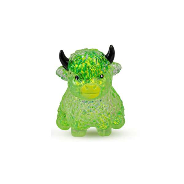 Grøn Højlandsko glitter sugar squishy med sorte horn og glimmerfyld – sensorisk klemmefidget til sansestimulering, fokus og uro i hænderne.

