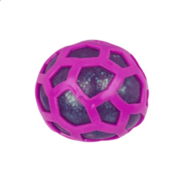 Gigant klemmebold med lilla glitterfyld og pink net – stor sensorisk fidget, der kan klemmes igen og igen.

