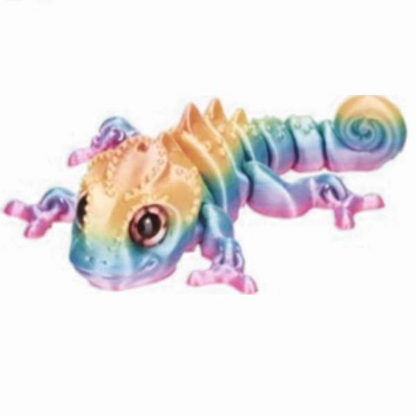 3D-printet kamæleon i regnbuefarver med bevægelige led, pigge på ryggen og snoet hale.