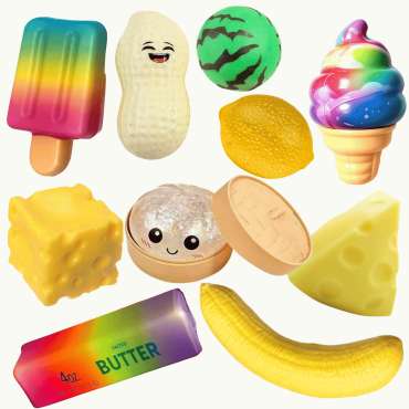 Squishy madpakke med populære squishies formet som ispind, ost, smør, dumpling, citron, peanut, vandmelon, banan og softice – samlet fidgetpakke til sansestimulering
