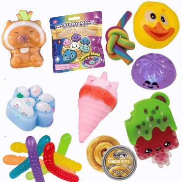 Sticky & Stretchy fidgetpakke med squishies, stretchy fidgets, klæbrige figurer og sanselegetøj – varieret fidgetpakke til sansestimulering, koncentration, stressreduktion og uro i hænderne.