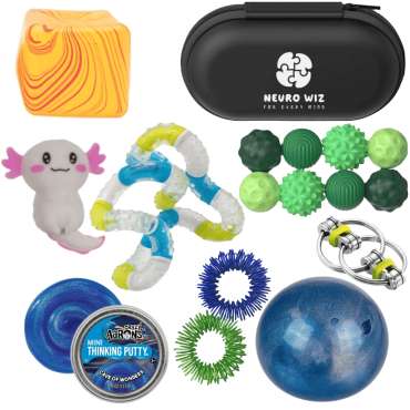 Pilfingerkasse til store pilfingre – sæt med fidget toys og sanselegetøj til større børn og voksne.