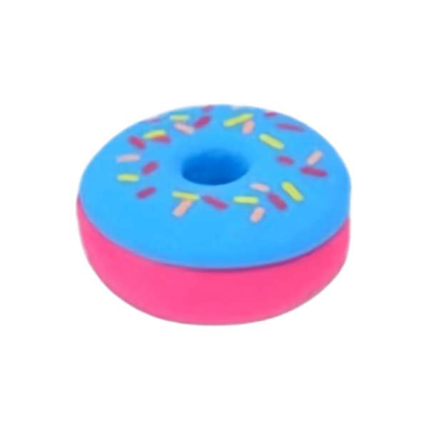 Squishy slow-rise donut med blå glasur, farverigt krymmel og pink bund

