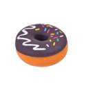 Squishy slow-rise donut med chokoladebrun glasur, hvid dekoration, farverigt krymmel og orange bund


