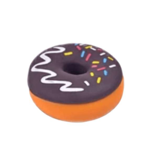 Squishy slow-rise donut med chokoladebrun glasur, hvid dekoration, farverigt krymmel og orange bund

