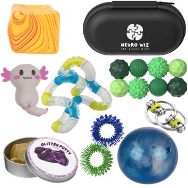 Pilfingerkasse til store pilfingre – sæt med fidget toys og sanselegetøj til større børn og voksne.
