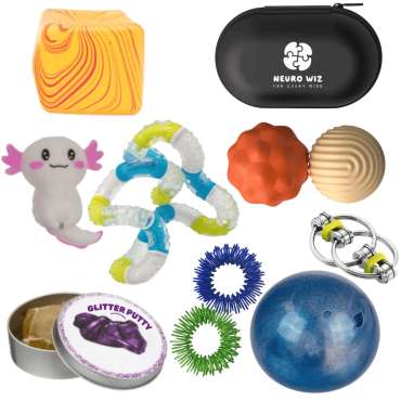 Pilfingerkasse til store pilfingre – sæt med fidget toys og sanselegetøj til større børn og voksne.