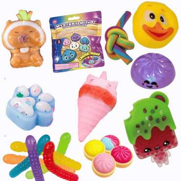 Sticky & Stretchy fidgetpakke med squishies, stretchy fidgets, klæbrige figurer og sanselegetøj – varieret fidgetpakke til sansestimulering, koncentration, stressreduktion og uro i hænderne.