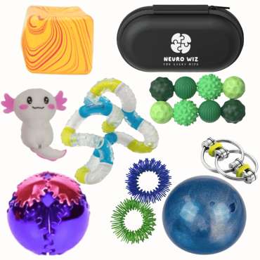 Pilfingerkasse til store pilfingre – sæt med fidget toys og sanselegetøj til større børn og voksne.