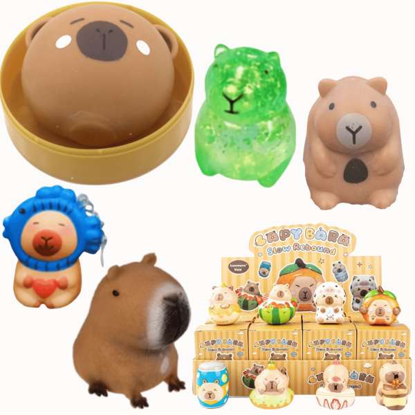 Pakke med forskellige squishy kapivarer i søde og farverige designs, bl.a. klassisk kapivar, glimmerkapivar og små figurer med sjove kostumer.